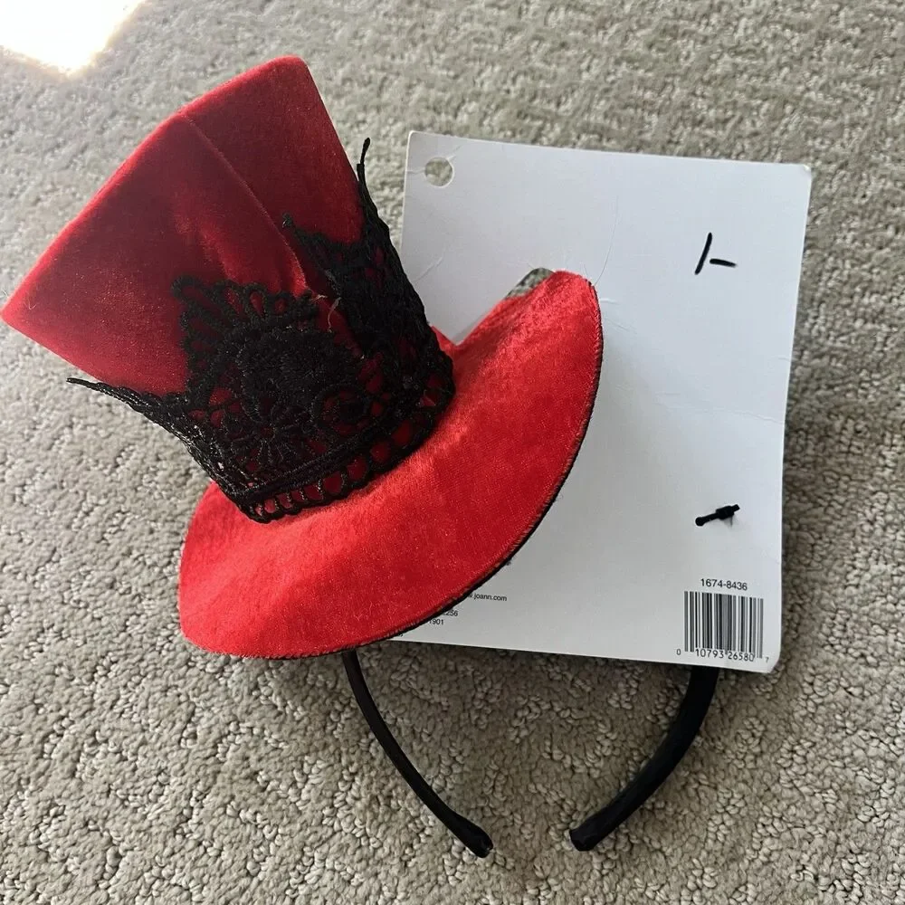 Victorian Steampunk Mad Hatter Red Velvet Mini Top Hat Fascinator Headband Blk